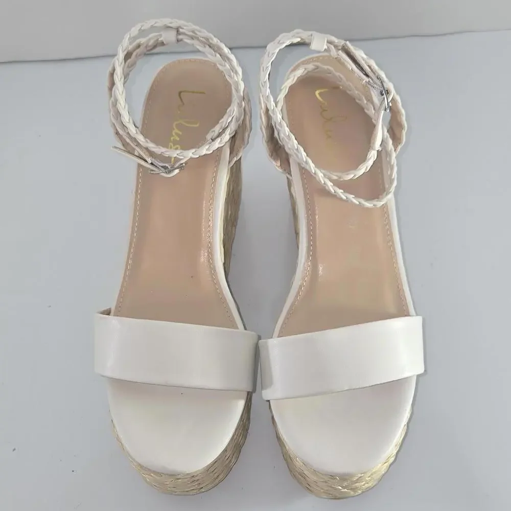 0309 lulus White Platform Ankle Strap Espadrille Wedges Womens‎ size 10
